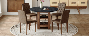 English Elm Table and Chair Set Round Mdf Black Top with Storage Shelves Tufted Suede Seats W1151S04584