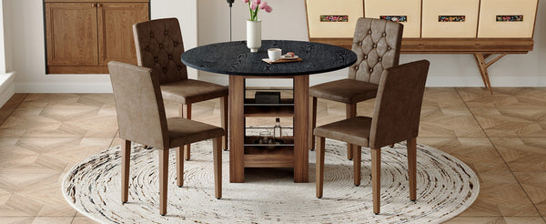 English Elm Table and Chair Set Round Mdf Black Top with Storage Shelves Tufted Suede Seats W1151S04584