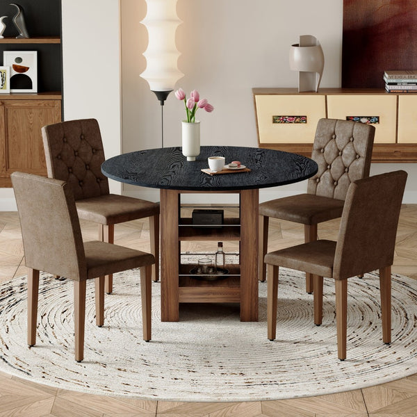 English Elm Table and Chair Set Round Mdf Black Top with Storage Shelves Tufted Suede Seats W1151S04584