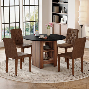 English Elm Table and Chair Set Round Mdf Black Top with Storage Shelves Tufted Suede Seats W1151S04584