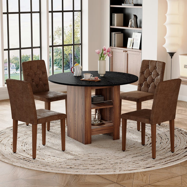 English Elm Table and Chair Set Round Mdf Black Top with Storage Shelves Tufted Suede Seats W1151S04584