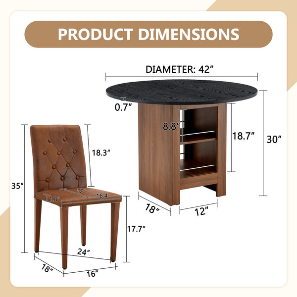 English Elm Table and Chair Set Round Mdf Black Top with Storage Shelves Tufted Suede Seats W1151S04584