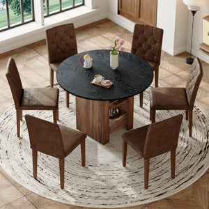 English Elm Table and Chair Set 42 Inch Round Matte Black with Shelving Six Tufted Suede Seats W1151S04585