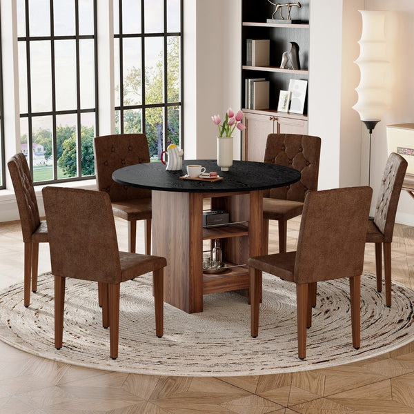 English Elm Table and Chair Set 42 Inch Round Matte Black with Shelving Six Tufted Suede Seats W1151S04585