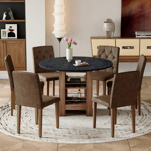 English Elm Table and Chair Set 42 Inch Round Matte Black with Shelving Six Tufted Suede Seats W1151S04585