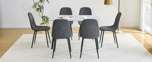 English Elm Table and Chair Set Marble Glass Top with Six Linen Upholstered Seats Modern Dining W1151S04625