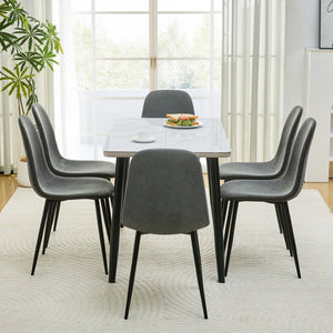 English Elm Table and Chair Set Marble Glass Top with Six Linen Upholstered Seats Modern Dining W1151S04625