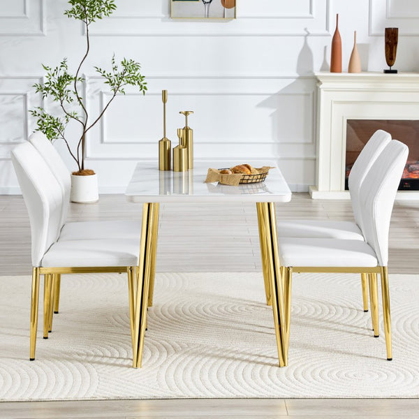 English Elm Table and Chair Set Marble Glass Top Gold Legs with Four PU Shell Seats for Dining White+Gold W1151S04637