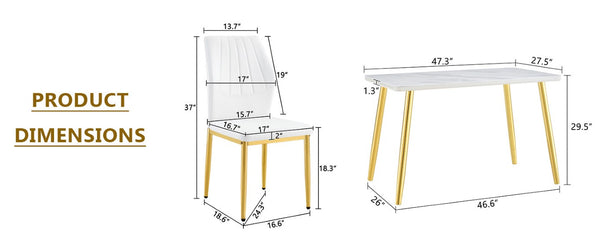 English Elm Table and Chair Set Marble Glass Top Gold Legs with Four PU Shell Seats for Dining White+Gold W1151S04637