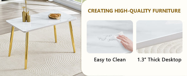 English Elm Table and Chair Set Marble Glass Top Gold Legs with Four PU Shell Seats for Dining White+Gold W1151S04637