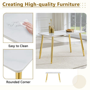 English Elm Table and Chair Set Marble Glass Top Gold Legs with Four PU Shell Seats for Dining White+Gold W1151S04637