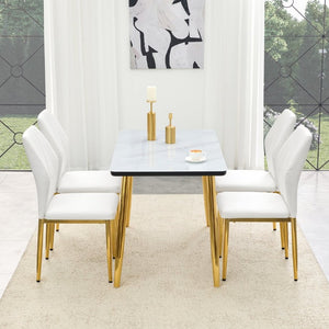 English Elm Table and Chair Set Marble Glass Top Gold Legs with Four PU Shell Seats for Dining Black, White+Gold W1151S04653
