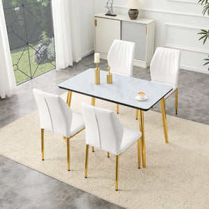 English Elm Table and Chair Set Marble Glass Top Gold Legs with Four PU Shell Seats for Dining Black, White+Gold W1151S04653