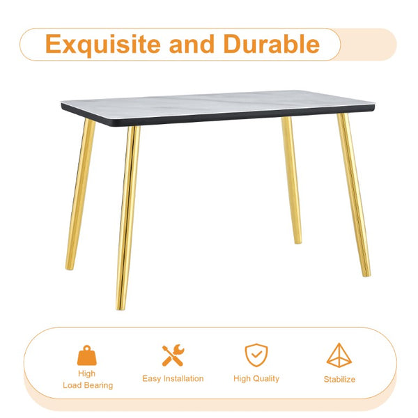 English Elm Table and Chair Set Marble Glass Top Gold Legs with Four PU Shell Seats for Dining Black, White+Gold W1151S04653