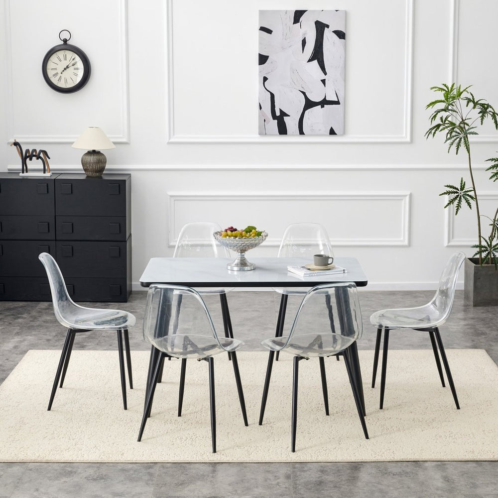 English Elm Table and Chair Set Marble Print Glass Top with Six Transparent Seats for Modern Dining W1151S04664