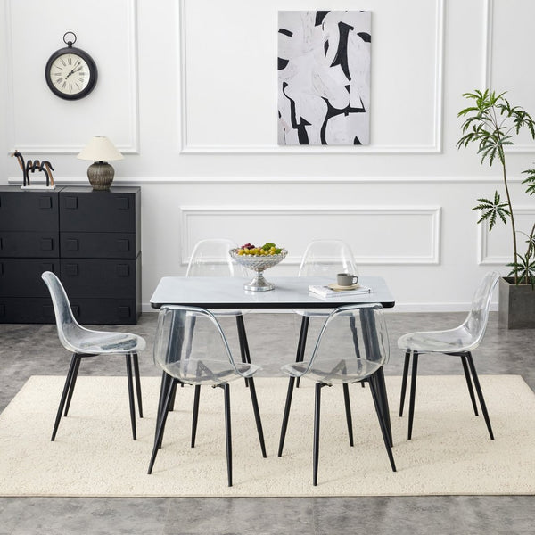English Elm Table and Chair Set Marble Print Glass Top with Six Transparent Seats for Modern Dining W1151S04664