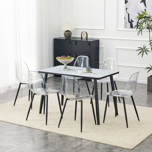 English Elm Table and Chair Set Marble Print Glass Top with Six Transparent Seats for Modern Dining W1151S04664