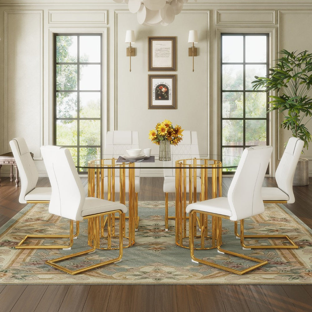 English Elm Table Set Oval Glass Top Six Seat Dining with Gold Arched Legs Glam Modern W1151S04724