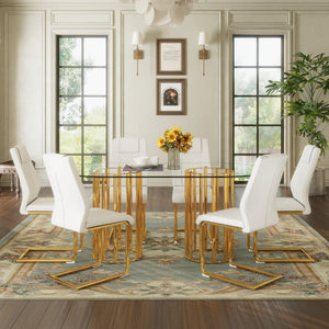 English Elm Table Set Oval Glass Top Six Seat Dining with Gold Arched Legs Glam Modern W1151S04724