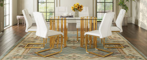 English Elm Table Set Oval Glass Top Six Seat Dining with Gold Arched Legs Glam Modern W1151S04724
