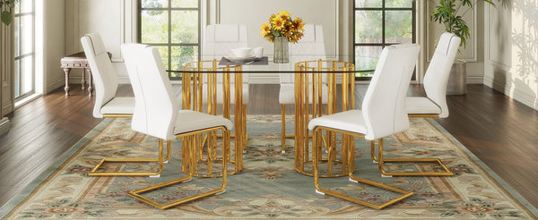 English Elm Table Set Oval Glass Top Six Seat Dining with Gold Arched Legs Glam Modern W1151S04724