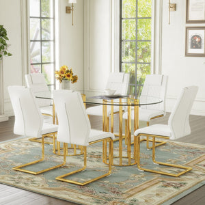 English Elm Table Set Oval Glass Top Six Seat Dining with Gold Arched Legs Glam Modern W1151S04724
