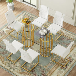 English Elm Table Set Oval Glass Top Six Seat Dining with Gold Arched Legs Glam Modern W1151S04724