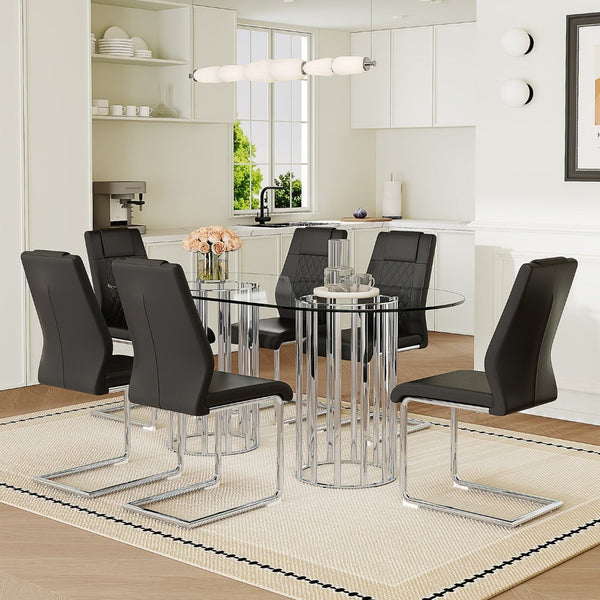 English Elm Table and Chair Set Oval Tempered Glass Top Six Seat Modern Luxury Dining Furniture Black W1151S04732