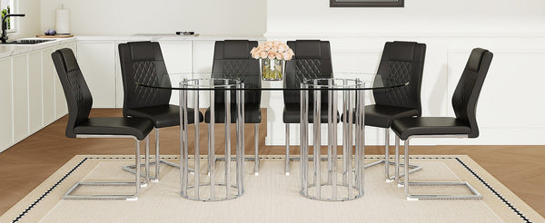 English Elm Table and Chair Set Oval Tempered Glass Top Six Seat Modern Luxury Dining Furniture Black W1151S04732