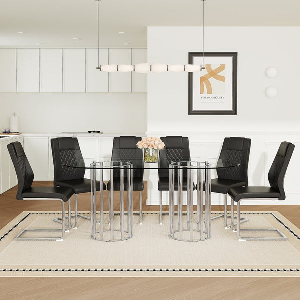 English Elm Table and Chair Set Oval Tempered Glass Top Six Seat Modern Luxury Dining Furniture Black W1151S04732