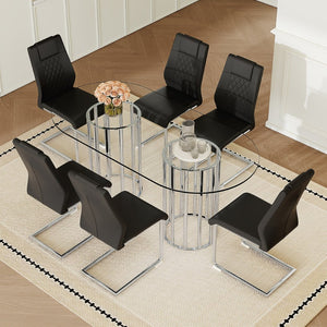 English Elm Table and Chair Set Oval Tempered Glass Top Six Seat Modern Luxury Dining Furniture Black W1151S04732
