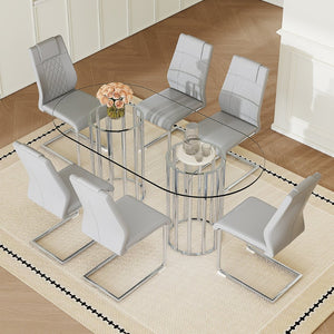 English Elm Table and Chair Set Oval Tempered Glass Top Six Seat Modern Luxury Dining Furniture Light Gray W1151S04736
