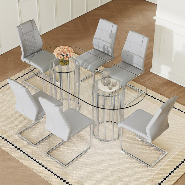 English Elm Table and Chair Set Oval Tempered Glass Top Six Seat Modern Luxury Dining Furniture Light Gray W1151S04736