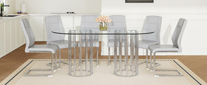 English Elm Table and Chair Set Oval Tempered Glass Top Six Seat Modern Luxury Dining Furniture Light Gray W1151S04736