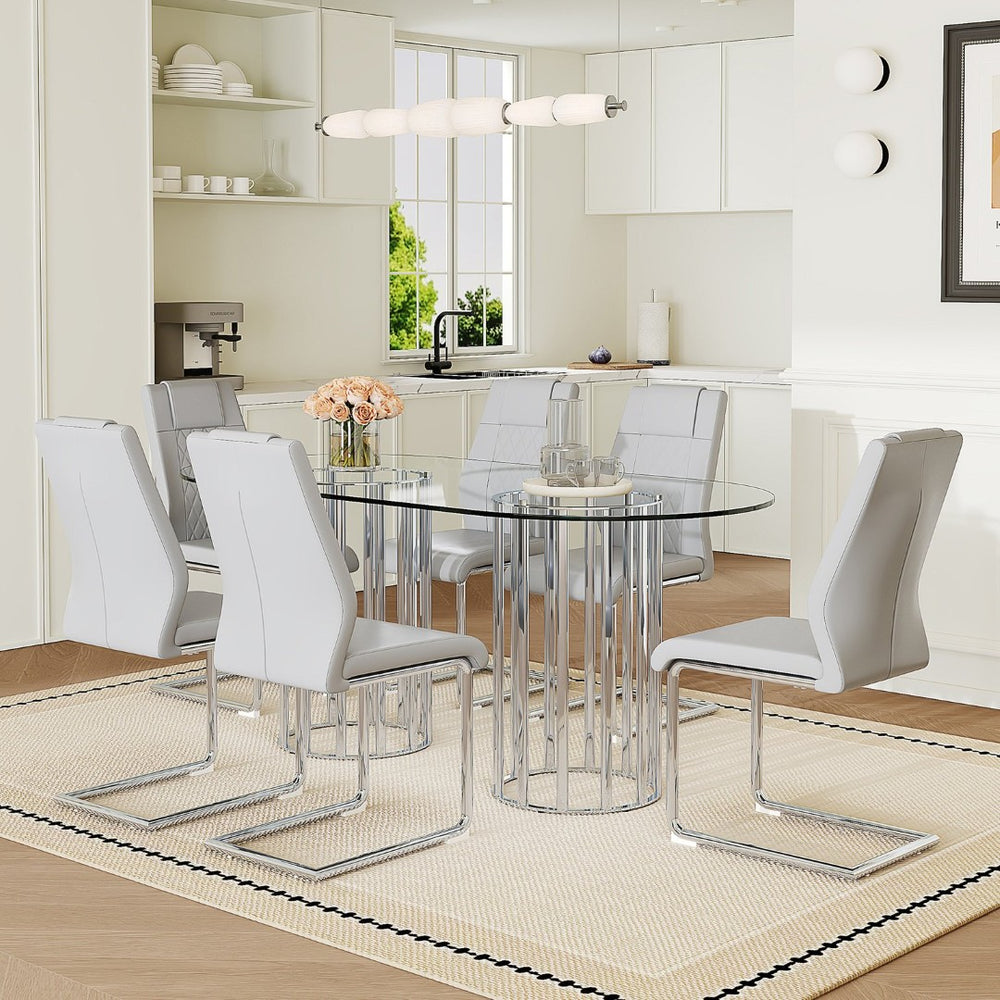 English Elm Table and Chair Set Oval Tempered Glass Top Six Seat Modern Luxury Dining Furniture Light Gray W1151S04736
