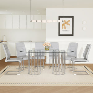 English Elm Table and Chair Set Oval Tempered Glass Top Six Seat Modern Luxury Dining Furniture Light Gray W1151S04736