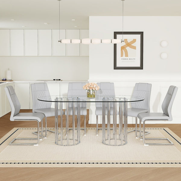 English Elm Table and Chair Set Oval Tempered Glass Top Six Seat Modern Luxury Dining Furniture Light Gray W1151S04736