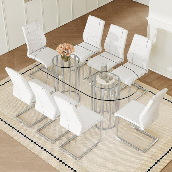 English Elm Table Set Oval Tempered Glass Top Silver Columns with Eight Pu Leather Dining Chairs W1151S04739