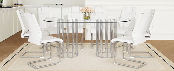 English Elm Table Set Oval Tempered Glass Top Silver Columns with Eight Pu Leather Dining Chairs W1151S04739