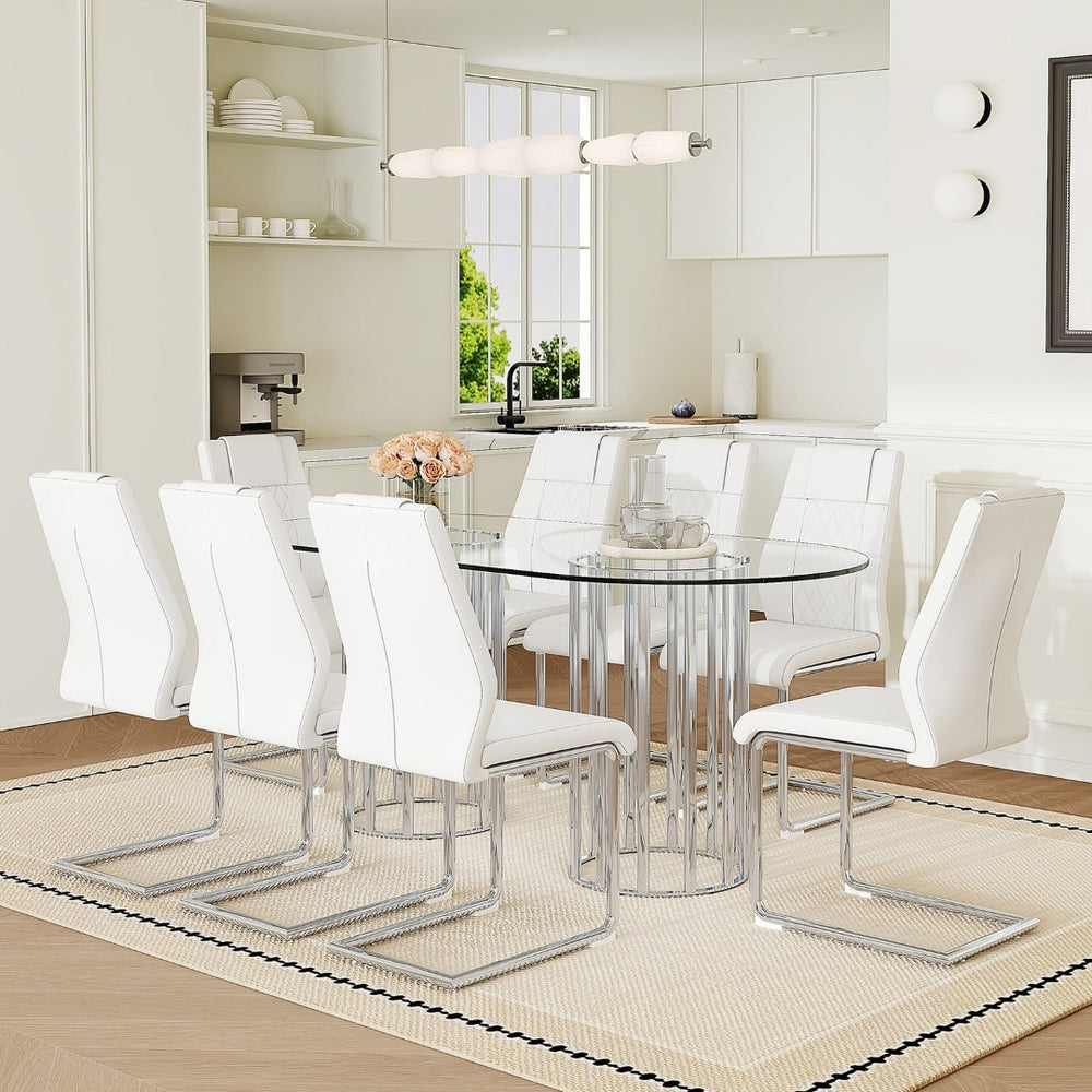 English Elm Table Set Oval Tempered Glass Top Silver Columns with Eight Pu Leather Dining Chairs W1151S04739