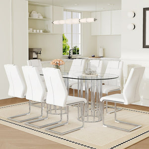 English Elm Table Set Oval Tempered Glass Top Silver Columns with Eight Pu Leather Dining Chairs W1151S04739