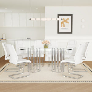 English Elm Table Set Oval Tempered Glass Top Silver Columns with Eight Pu Leather Dining Chairs W1151S04739