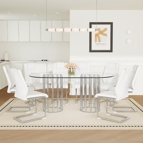 English Elm Table Set Oval Tempered Glass Top Silver Columns with Eight Pu Leather Dining Chairs W1151S04739