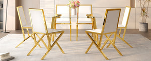 English Elm Table and Chair Set Tempered Glass Top with Gold Legs Six Seat Glam Dining W1151S04793