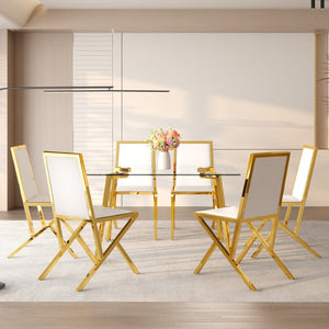 English Elm Table and Chair Set Tempered Glass Top with Gold Legs Six Seat Glam Dining W1151S04793