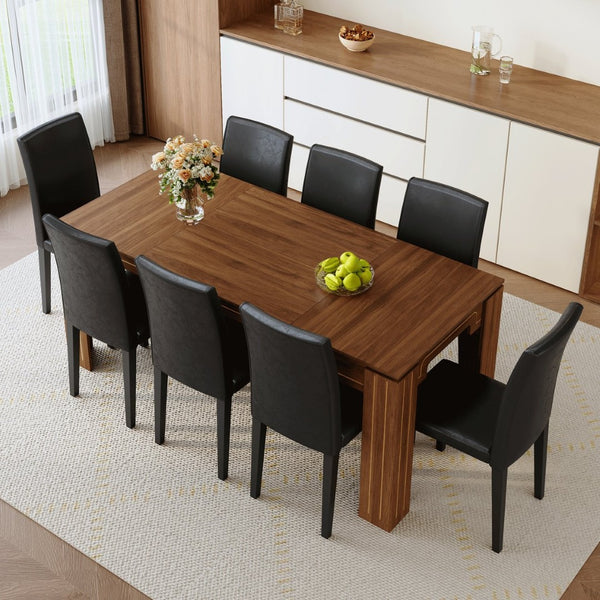 English Elm Table and Chair Set Walnut Grain Mdf Top with 8 Pu Leather Seats for Dining Room W1151S04795
