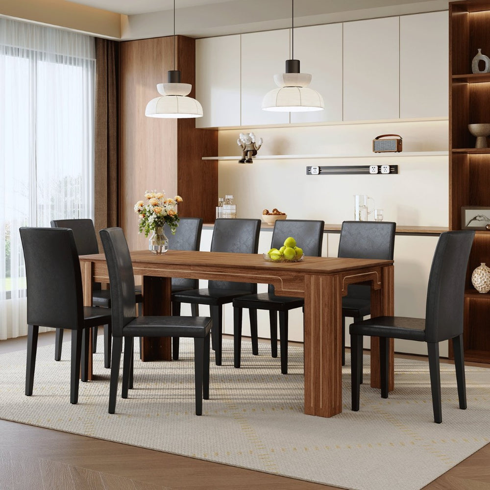 English Elm Table and Chair Set Walnut Grain Mdf Top with 8 Pu Leather Seats for Dining Room W1151S04795