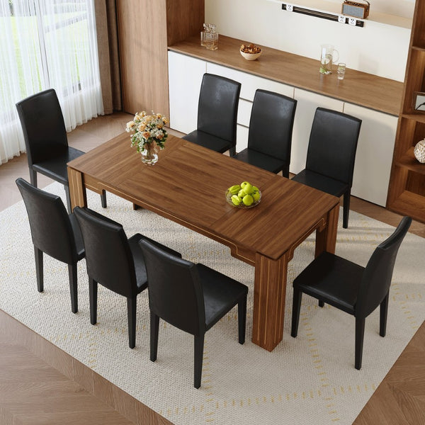 English Elm Table and Chair Set Walnut Grain Mdf Top with 8 Pu Leather Seats for Dining Room W1151S04795