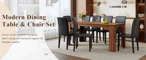 English Elm Table and Chair Set Walnut Grain Mdf Top with 8 Pu Leather Seats for Dining Room W1151S04795