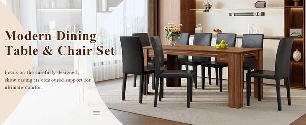 English Elm Table and Chair Set Walnut Grain Mdf Top with 8 Pu Leather Seats for Dining Room W1151S04795